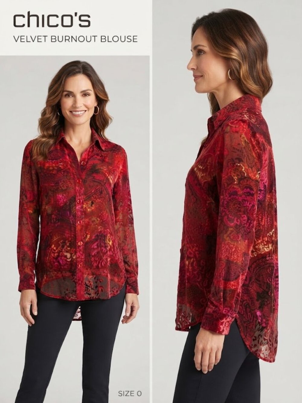 Chico's Red Velvet Burnout Long Sleeve Button-Down Blouse Shirt Size 0 (US 6/8)